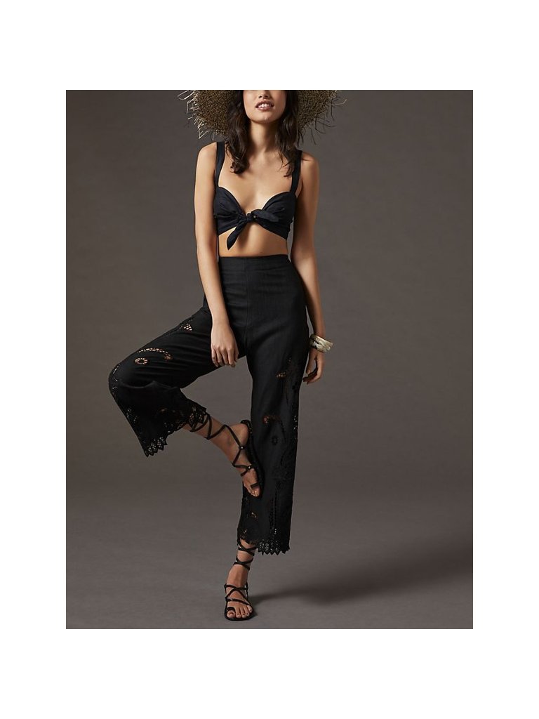 By Anthropologie Black Eyelet Cutwork Straight Leg Cropped Pants, Size 0
